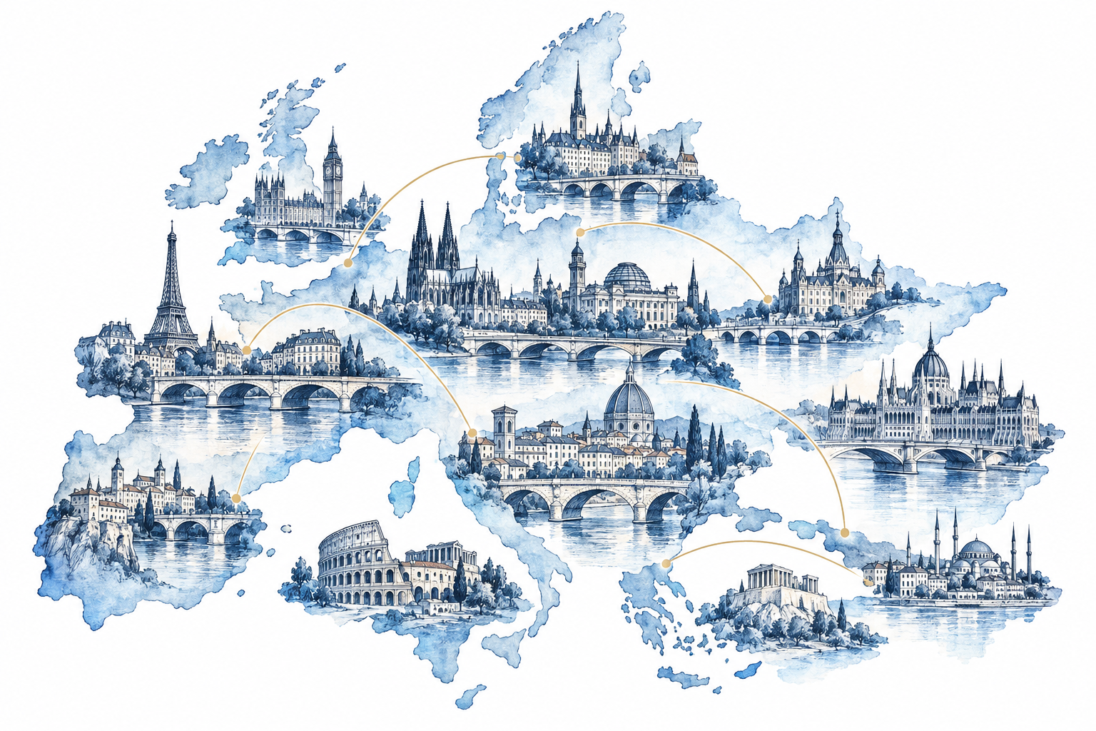 European cities connected by bridges, illustrating a shared pension market